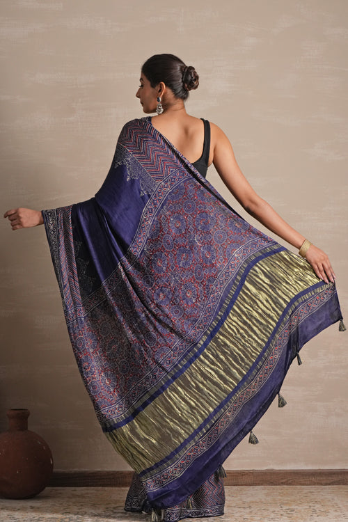 Sooti Syahi ' Midnight Serenade' Hand Block Printed  Modal Tissue Saree