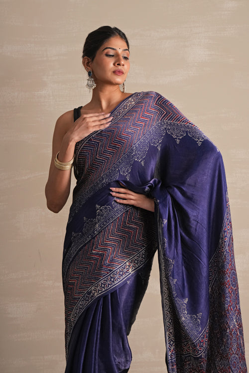 Sooti Syahi ' Midnight Serenade' Hand Block Printed  Modal Tissue Saree