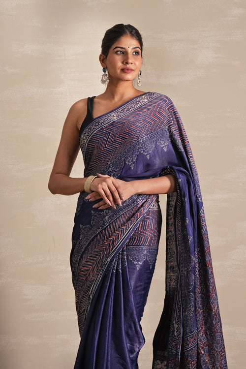 Sooti Syahi ' Midnight Serenade' Hand Block Printed  Modal Tissue Saree