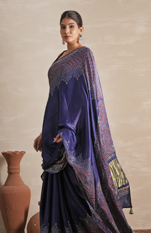 Sooti Syahi ' Midnight Serenade' Hand Block Printed  Modal Tissue Saree