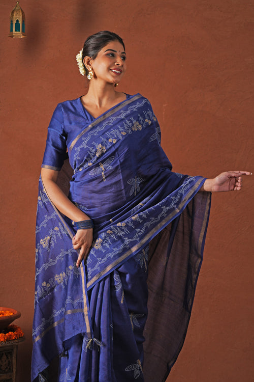Sooti Syahi ' Golden Ocean' Hand Block Printed Chanderi Silk Saree