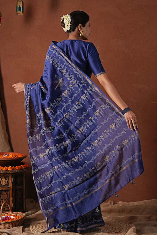Sooti Syahi ' Golden Ocean' Hand Block Printed Chanderi Silk Saree