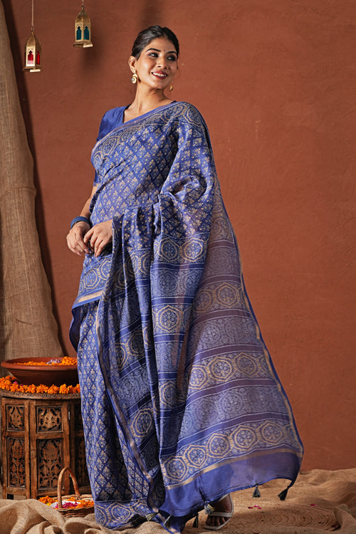 Sooti Syahi ' Celestial Blue'Hand Block Printed Chanderi Silk Saree