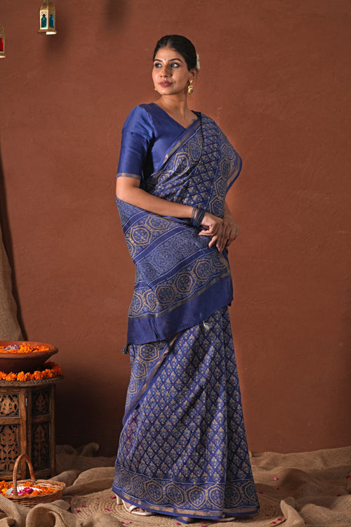 Sooti Syahi ' Celestial Blue'Hand Block Printed Chanderi Silk Saree