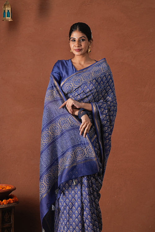 Sooti Syahi ' Celestial Blue'Hand Block Printed Chanderi Silk Saree