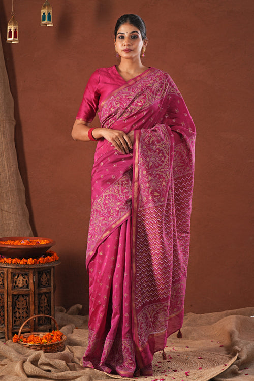 Sooti Syahi ' Majestic Golden' Hand Block Printed Chanderi Silk Saree