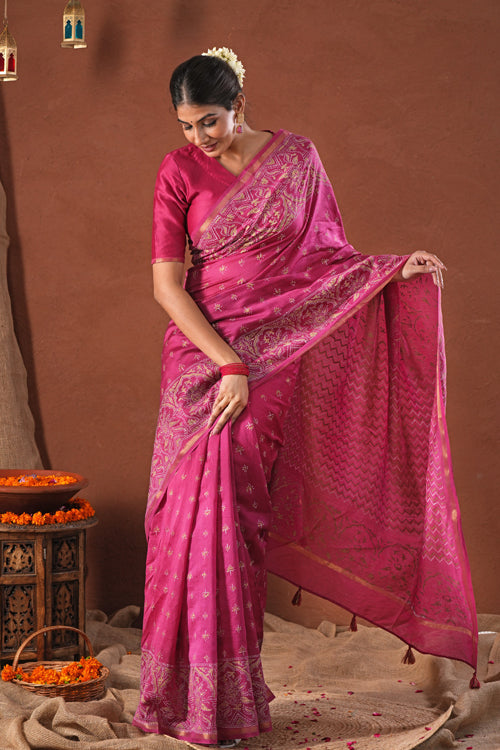 Sooti Syahi ' Majestic Golden' Hand Block Printed Chanderi Silk Saree