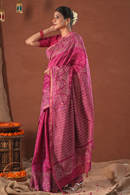 Sooti Syahi ' Majestic Golden' Hand Block Printed Chanderi Silk Saree