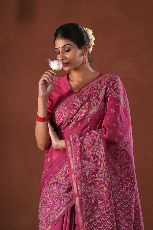 Sooti Syahi ' Majestic Golden' Hand Block Printed Chanderi Silk Saree