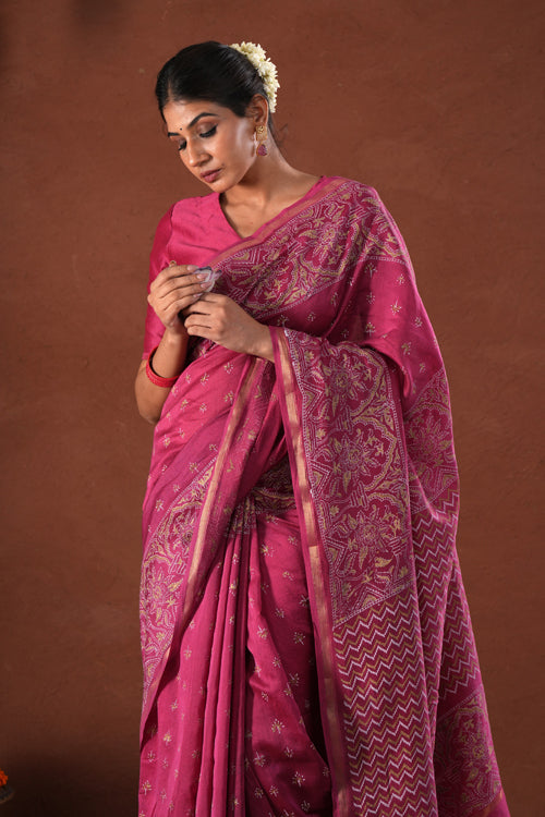 Sooti Syahi ' Majestic Golden' Hand Block Printed Chanderi Silk Saree