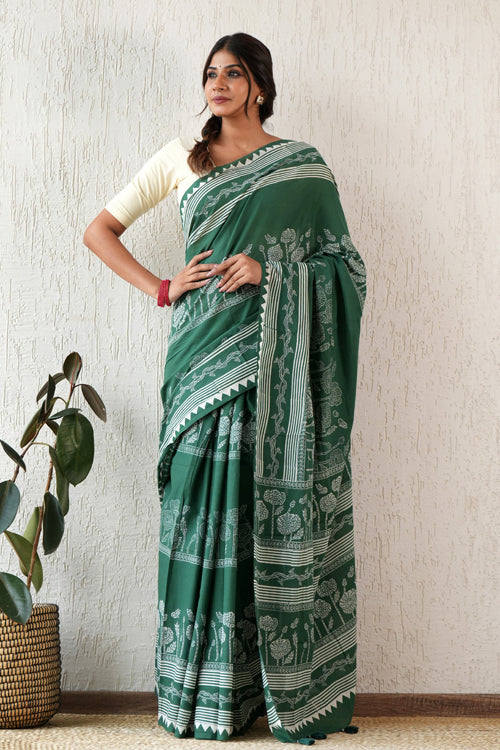 Sooti Syahi ' Moonlit Mirage' Hand Block Mul Cotton Saree