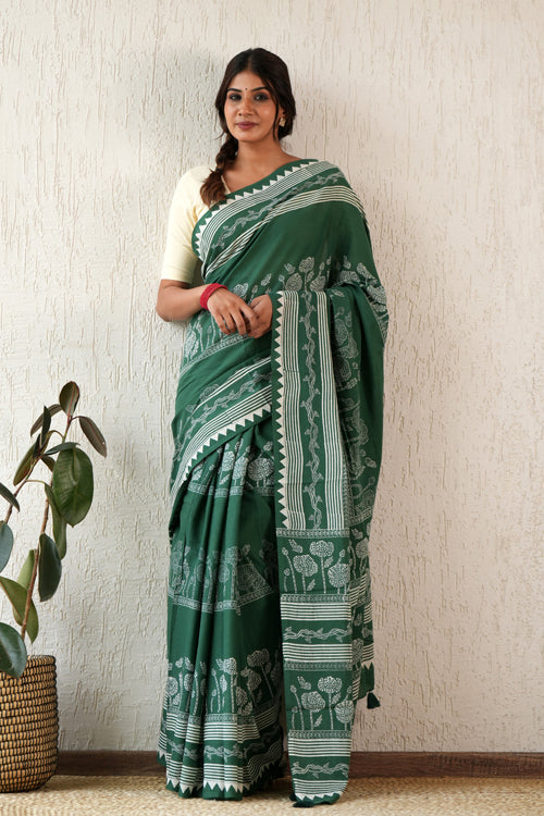 Sooti Syahi ' Moonlit Mirage' Hand Block Mul Cotton Saree