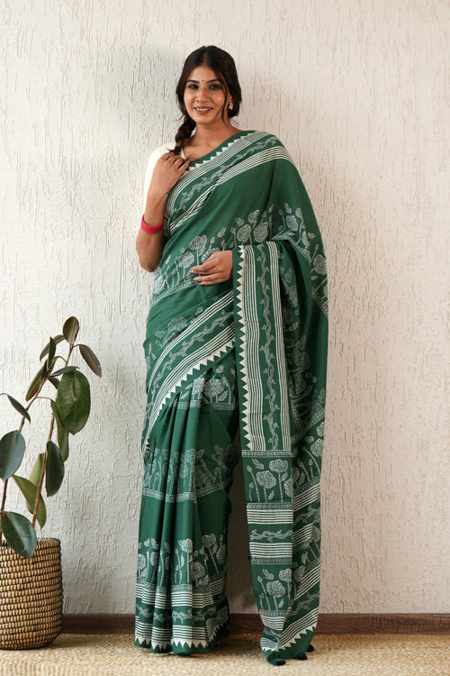 Sooti Syahi ' Moonlit Mirage' Hand Block Mul Cotton Saree
