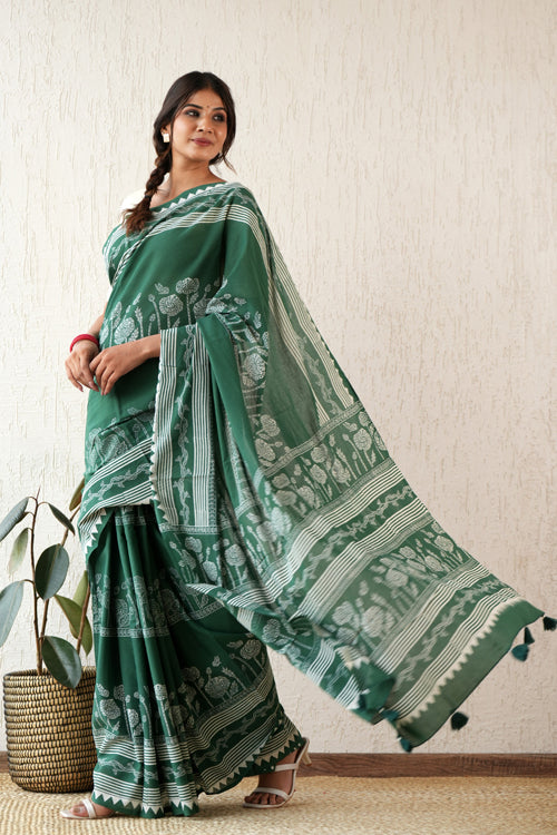 Sooti Syahi ' Moonlit Mirage' Hand Block Mul Cotton Saree
