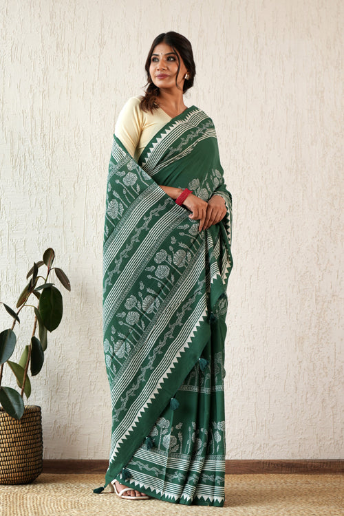 Sooti Syahi ' Moonlit Mirage' Hand Block Mul Cotton Saree