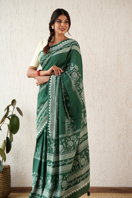Sooti Syahi ' Moonlit Mirage' Hand Block Mul Cotton Saree
