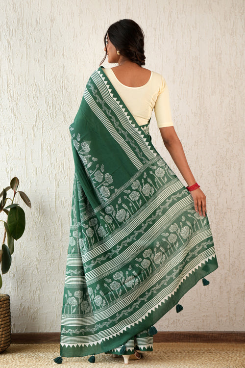 Sooti Syahi ' Moonlit Mirage' Hand Block Mul Cotton Saree