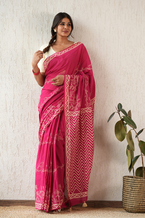 Sooti Syahi ' Twilight Harmony' Hand Block Mul Cotton Saree