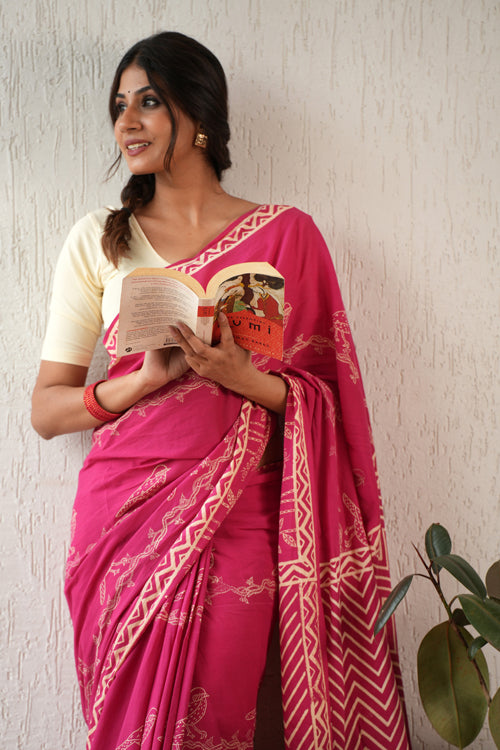 Sooti Syahi ' Twilight Harmony' Hand Block Mul Cotton Saree