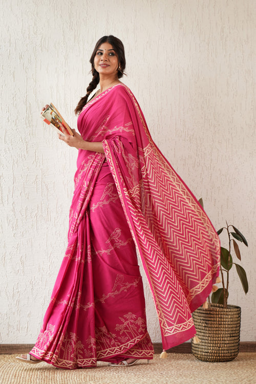 Sooti Syahi ' Twilight Harmony' Hand Block Mul Cotton Saree