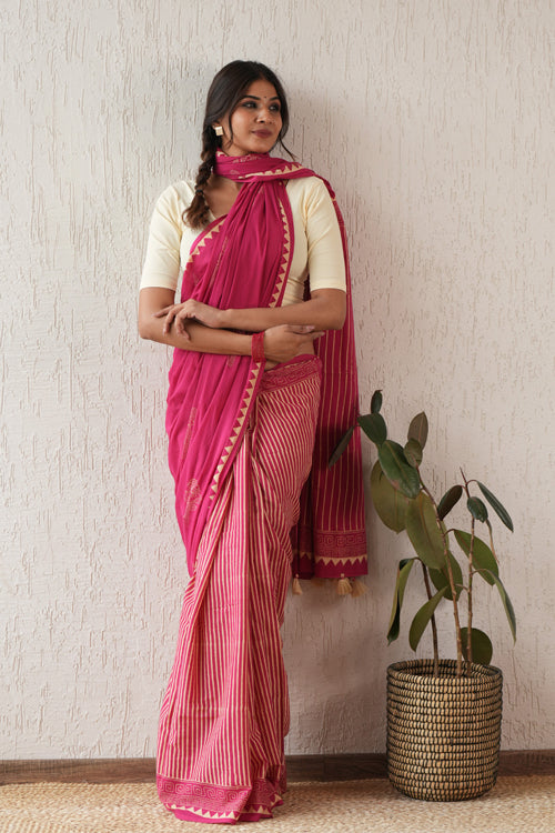Sooti Syahi ' Serene Meadows' Hand Block Mul Cotton Saree