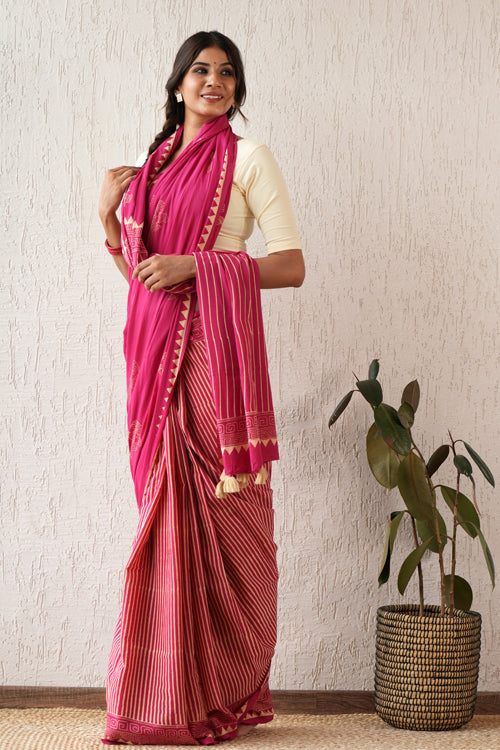 Sooti Syahi ' Serene Meadows' Hand Block Mul Cotton Saree