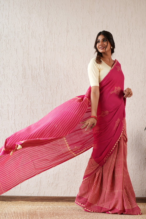 Sooti Syahi ' Serene Meadows' Hand Block Mul Cotton Saree
