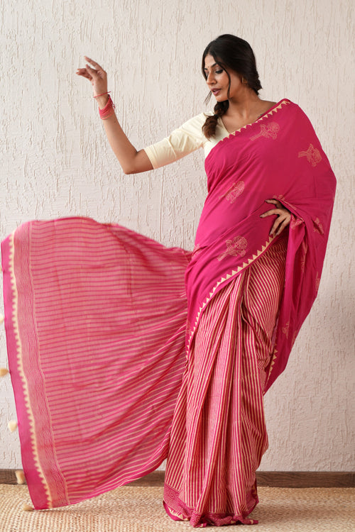 Sooti Syahi ' Serene Meadows' Hand Block Mul Cotton Saree