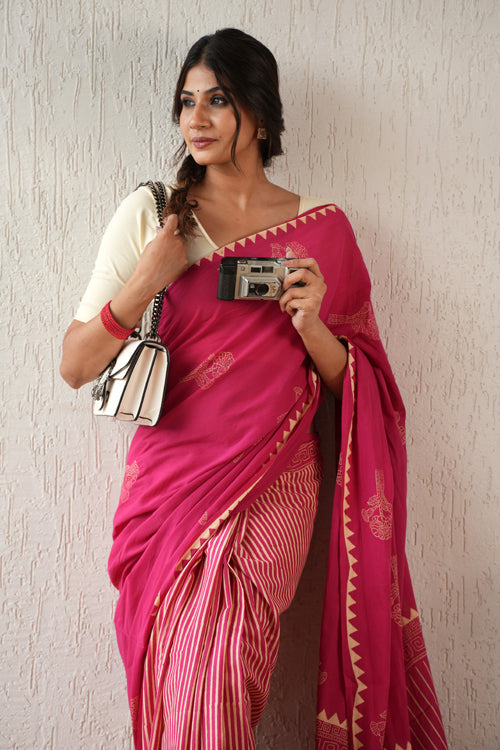 Sooti Syahi ' Serene Meadows' Hand Block Mul Cotton Saree