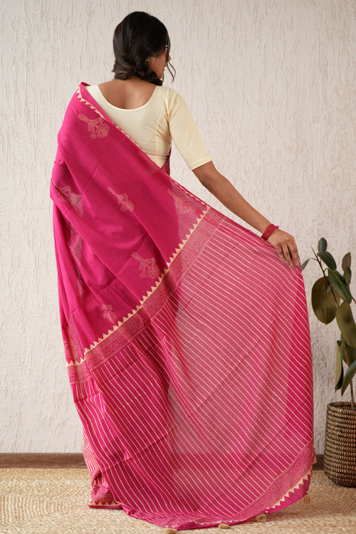 Sooti Syahi ' Serene Meadows' Hand Block Mul Cotton Saree