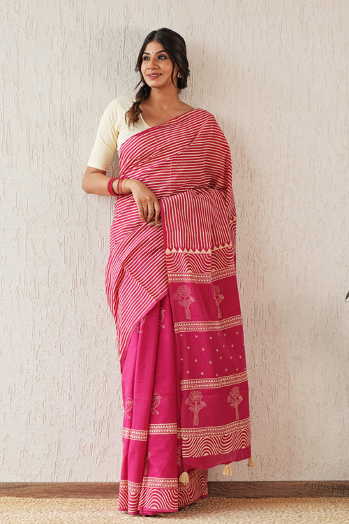 Sooti Syahi ' Gilded Folklore' Hand Block Mul Cotton Saree