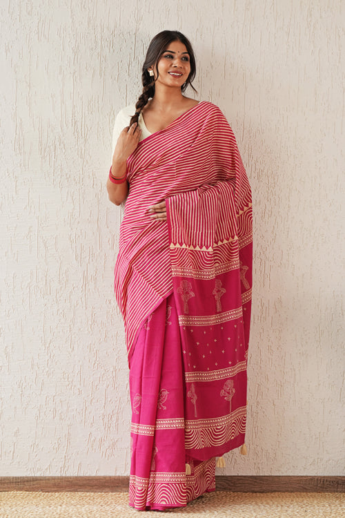 Sooti Syahi ' Gilded Folklore' Hand Block Mul Cotton Saree