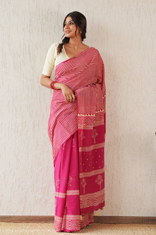 Sooti Syahi ' Gilded Folklore' Hand Block Mul Cotton Saree