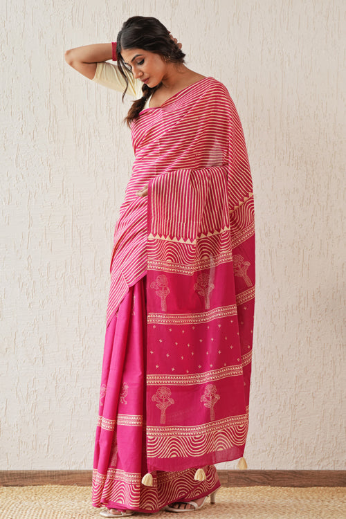 Sooti Syahi ' Gilded Folklore' Hand Block Mul Cotton Saree