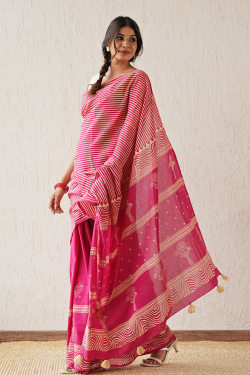 Sooti Syahi ' Gilded Folklore' Hand Block Mul Cotton Saree