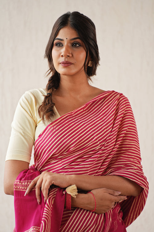 Sooti Syahi ' Gilded Folklore' Hand Block Mul Cotton Saree