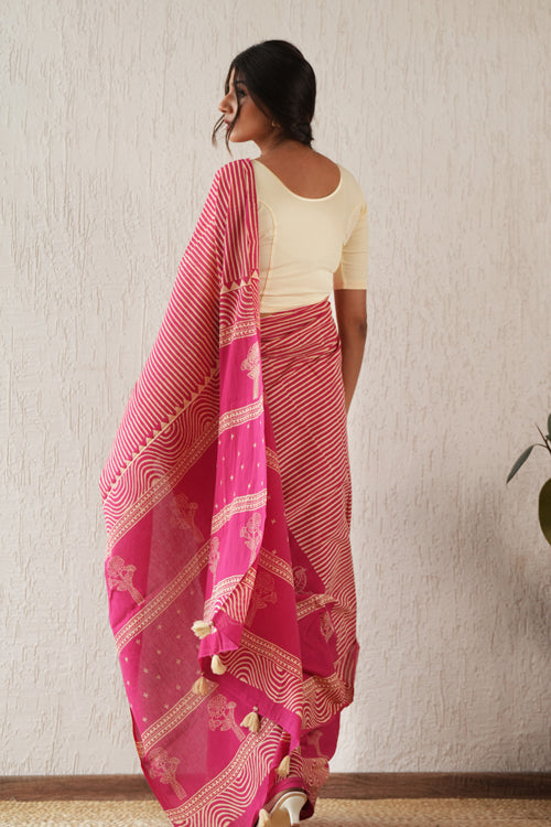 Sooti Syahi ' Gilded Folklore' Hand Block Mul Cotton Saree