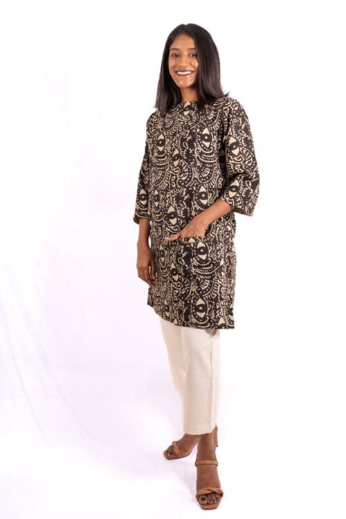 Creative Bee 'MAZE' Women's Travel-Tunic In Handwoven Natural Dye, Block Printed On Cotton Fabric