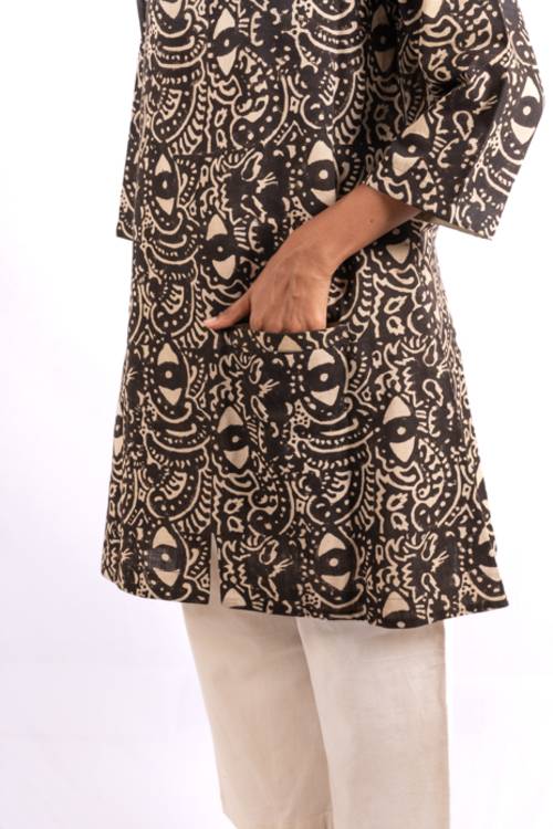 Creative Bee 'MAZE' Women's Travel-Tunic In Handwoven Natural Dye, Block Printed On Cotton Fabric