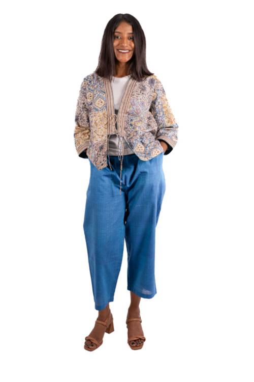 Creative Bee 'NOA' Women's Handwoven, Multiblock Patterned, Natural-Colored, Block Printed  Reversible Short Jacket