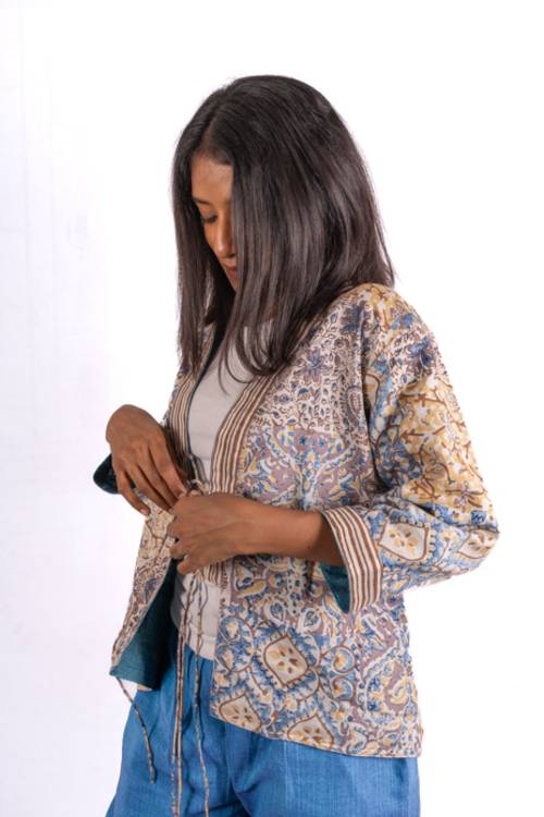 Creative Bee 'NOA' Women's Handwoven, Multiblock Patterned, Natural-Colored, Block Printed  Reversible Short Jacket