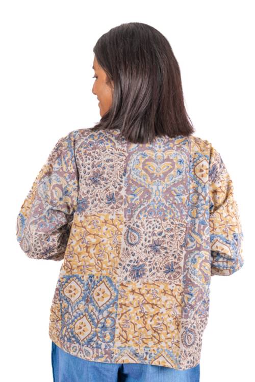 Creative Bee 'NOA' Women's Handwoven, Multiblock Patterned, Natural-Colored, Block Printed  Reversible Short Jacket