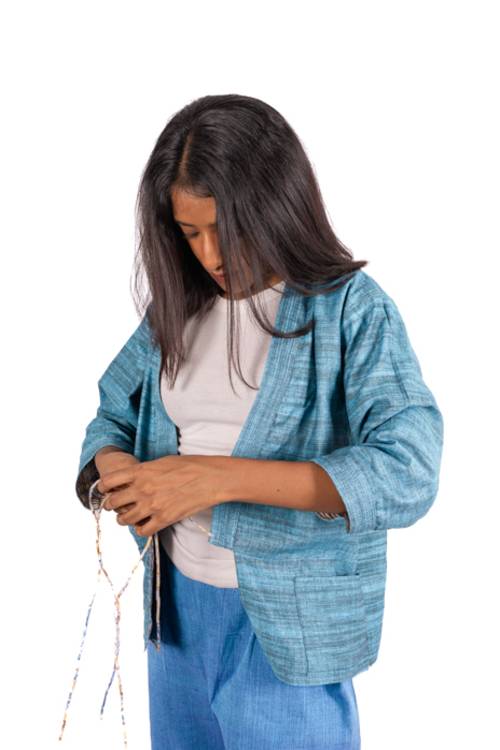 Creative Bee 'NOA' Women's Handwoven, Multiblock Patterned, Natural-Colored, Block Printed  Reversible Short Jacket