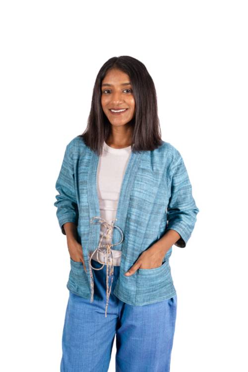 Creative Bee 'NOA' Women's Handwoven, Multiblock Patterned, Natural-Colored, Block Printed  Reversible Short Jacket