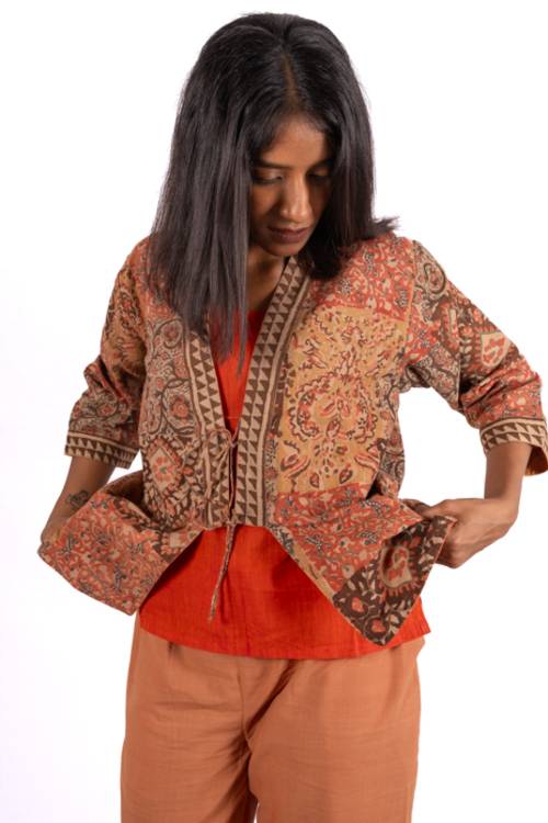 Creative Bee 'EMZIA' Women's Handwoven, Multiblock Patterned, Natural-Colored, Block Printed Reversible Short Jacket