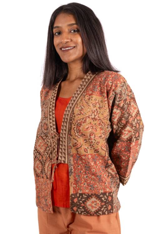 Creative Bee 'EMZIA' Women's Handwoven, Multiblock Patterned, Natural-Colored, Block Printed Reversible Short Jacket
