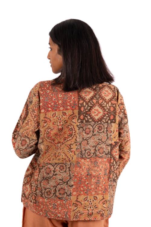 Creative Bee 'EMZIA' Women's Handwoven, Multiblock Patterned, Natural-Colored, Block Printed Reversible Short Jacket