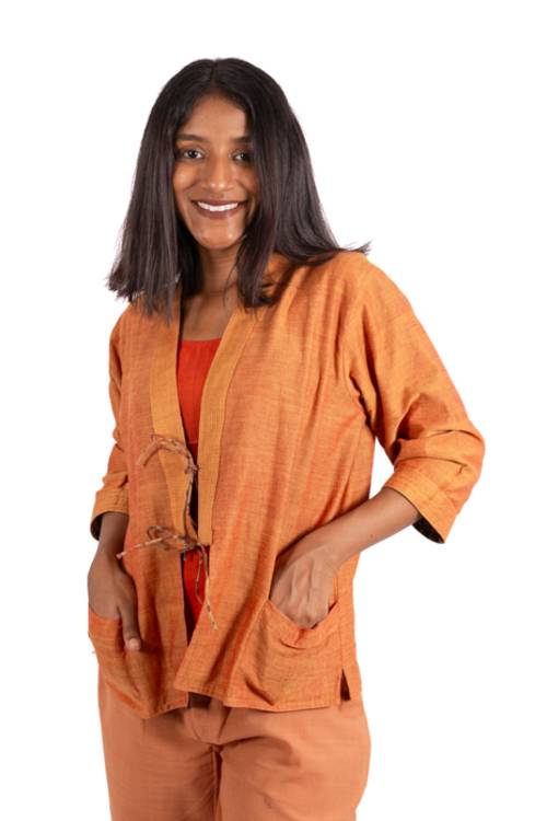 Creative Bee 'EMZIA' Women's Handwoven, Multiblock Patterned, Natural-Colored, Block Printed Reversible Short Jacket