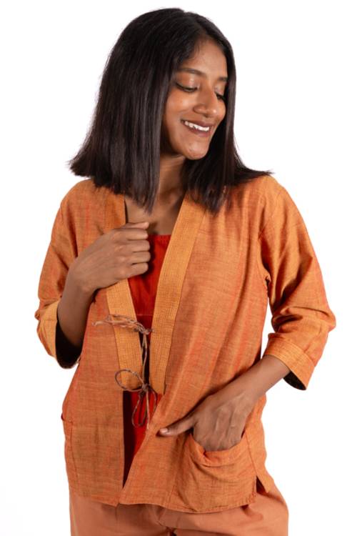 Creative Bee 'EMZIA' Women's Handwoven, Multiblock Patterned, Natural-Colored, Block Printed Reversible Short Jacket