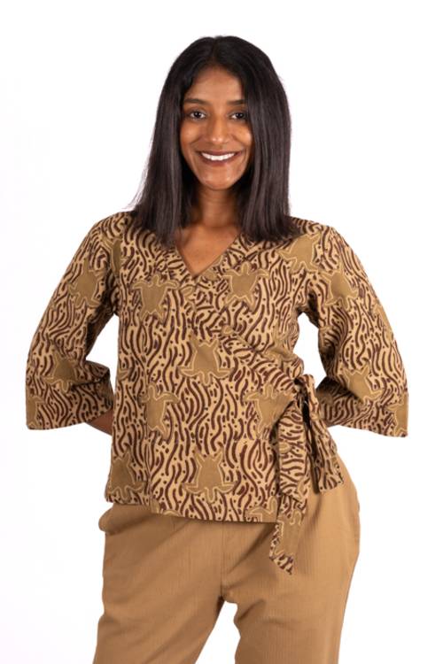 Creative Bee 'SANDTIDE' Wrap Top With Natural Dye, Hand Block Printed With Tortoise Design